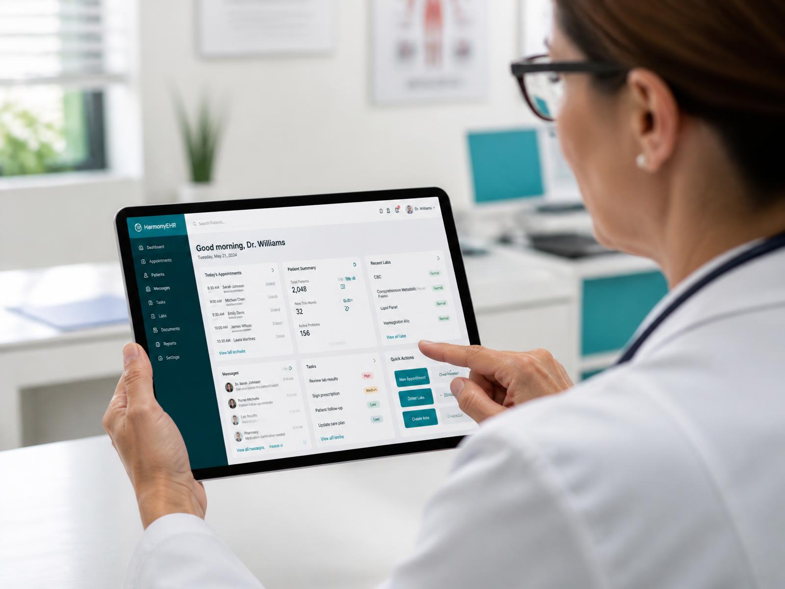 Clinician reviewing patient records on a tablet